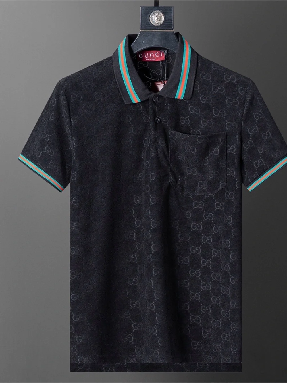 Gucci Black GG-Print Polo with Green and Red-Trim Collar